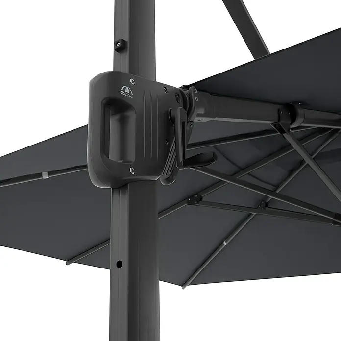 Doppler Ampelschirm Life - Anthrazit, Bespannungsmaß (L x B): 300 x 400 cm - Nahaufnahme eines grauen Doppler-Sonnenschirms mit Kurbelmechanismus zur einfachen Bedienung und Neigungseinstellung.