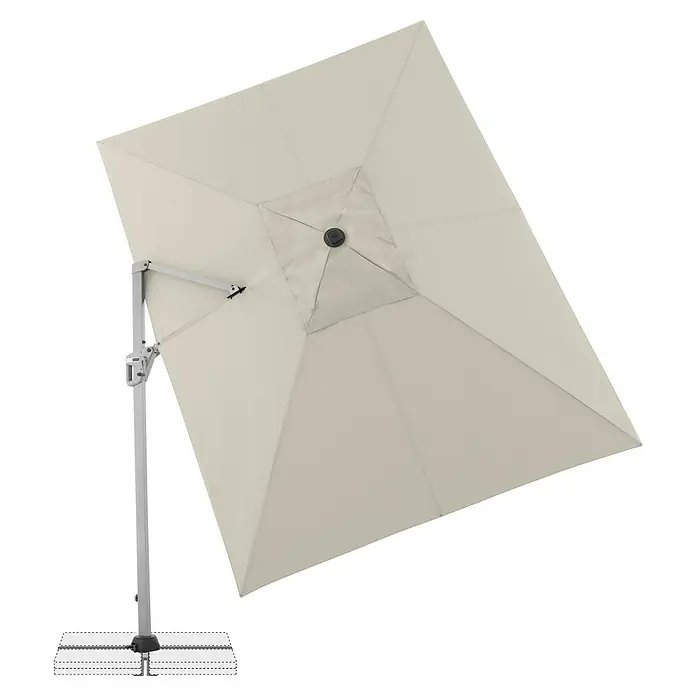 Doppler Ampelschirm Active Neo - Natur, Bespannungsmaß (L x B): 260 x 350 cm - Detailaufnahme eines quadratischen Sonnenschirms in hellem Beige, montiert auf einem robusten, silberfarbenen Ständer.