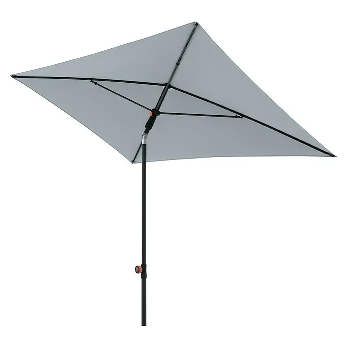 Doppler Balkonschirm myZone - Hellgrau, Bespannungsmaß (L x B): 125 x 190 cm - Grauer rechteckiger Sonnenschirm für den Außenbereich. Der Schirm ist an einem schwarzen Mast befestigt und bietet Schatten im Garten.