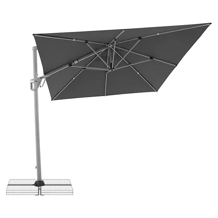 Doppler Ampelschirm Active Neo - Anthrazit, Bespannungsmaß (L x B): 260 x 350 cm - Bild einer modernen grauen Ampelschirm mit Metallrahmen und Fußkreuz. Ideal für sonnige Tage im Garten oder auf der Terrasse.