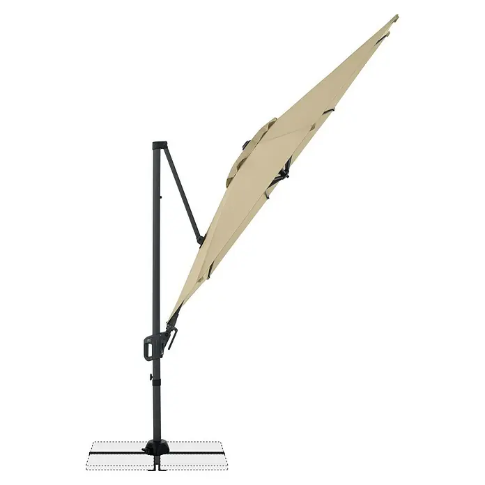 Doppler Ampelschirm rund Life - Sand, Durchmesser Bespannung: 310 cm - Ein beigefarbener Sonnenschirm mit einem stabilen, grauen Ständer für den Garten oder die Terrasse. Er spendet Schatten und sorgt für Komfort im Freien.