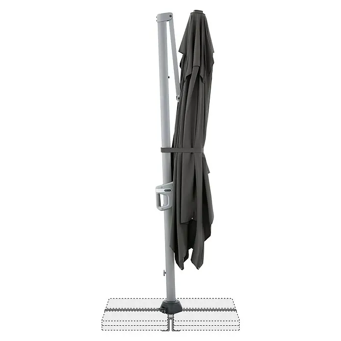 Doppler Ampelschirm Active Neo - Anthrazit, Bespannungsmaß (L x B): 260 x 350 cm - Bild eines geschlossenen grauen Sonnenschirms auf einem Ständer, ideal für den Außenbereich. Der Sonnenschirm ist wetterfest und robust.
