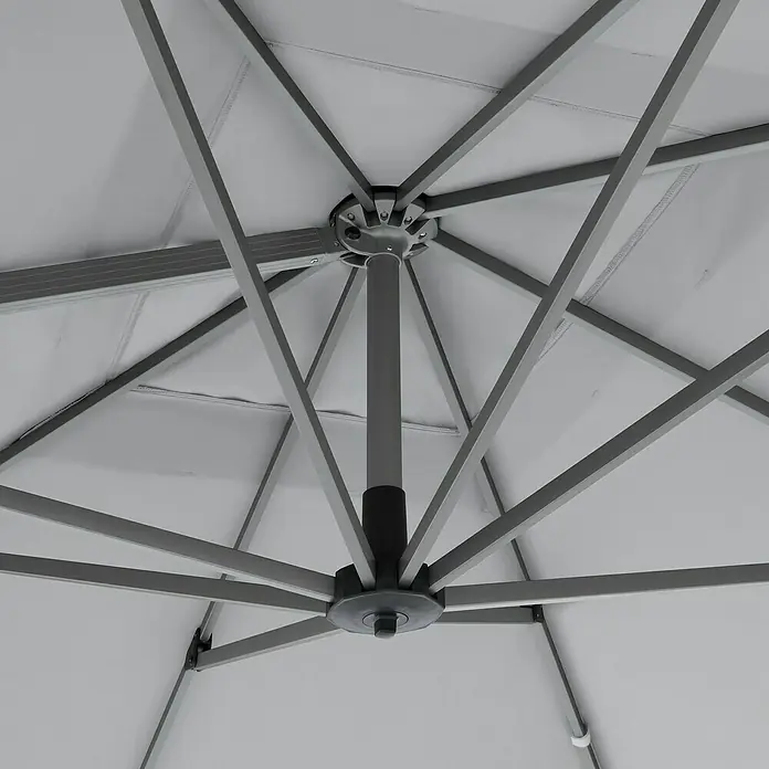 Doppler Ampelschirm Active Neo - Hellgrau, Bespannungsmaß (L x B): 260 x 350 cm - Detailaufnahme der eleganten Unterseite eines grauen Sonnenschirms, der Schatten und Schutz im Freien bietet.