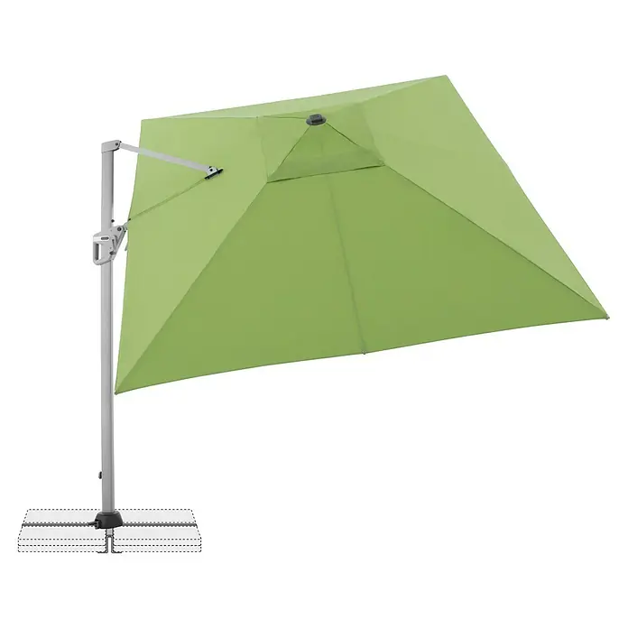 Doppler Ampelschirm Active Neo - Grün, Bespannungsmaß (L x B): 260 x 350 cm - Bild eines grünen Sonnenschirms mit einem stabilen Ständer. Ideal für den Garten oder die Terrasse, bietet er Schatten und Schutz vor der Sonne.
