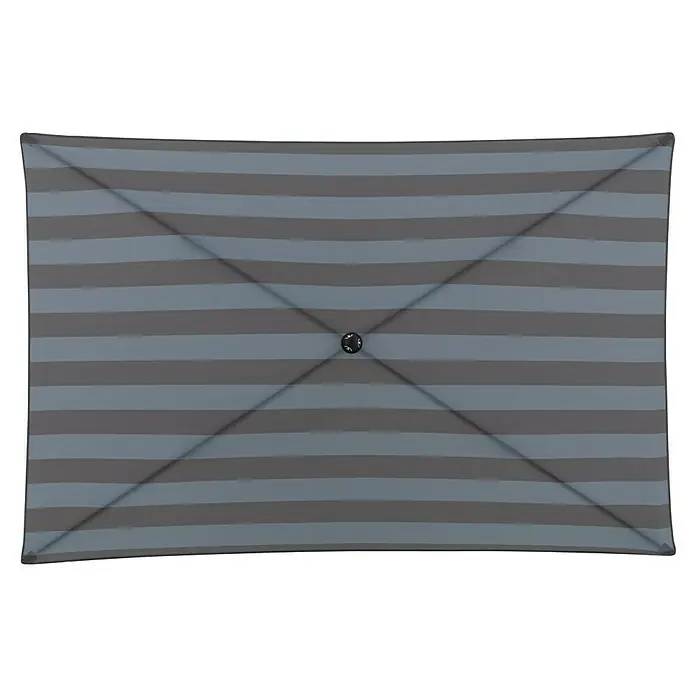Doppler Balkonschirm myZone - Anthrazit gestreift, Bespannungsmaß (L x B): 125 x 190 cm - Draufsicht auf einen rechteckigen Sonnenschirm mit grau-blauen Streifen und einem dunklen Knopf in der Mitte. Der Schirm ist mit Streben verstärkt.