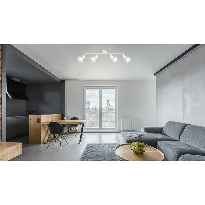 Globo Xara I Regleta redonda Xara I - 40 W, Blanco, E14, 60 x 8 x 19,5 cm - Lámpara de techo blanca de cuatro focos que proporciona una iluminación moderna y brillante para la habitación.