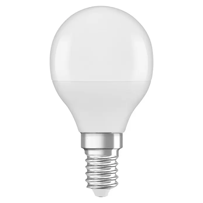 Osram Set de bombillas LED - E14, 4,9 W, 470 lm, 3 ud., Blanco neutro - Primer plano de una bombilla LED mate con base de rosca sobre un fondo negro, ideal para iluminación ambiental.