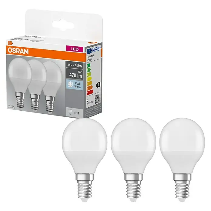 Osram Set de bombillas LED - E14, 4,9 W, 470 lm, 3 ud., Blanco neutro - Lámpara LED Osram LEDVANCE ACS5997: 4,9W, 470 lúmenes, base E14, blanco frío. Solución de iluminación eficiente y duradera.