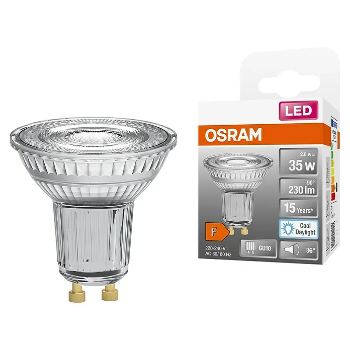Osram Bombilla LED STAR PAR16 - GU10, No regulable, Blanco frío, 230 lm, 2,6 W - Imagen del producto de una bombilla LED Osram GU10 de 35W, con luz "Cool Daylight" y larga duración.
