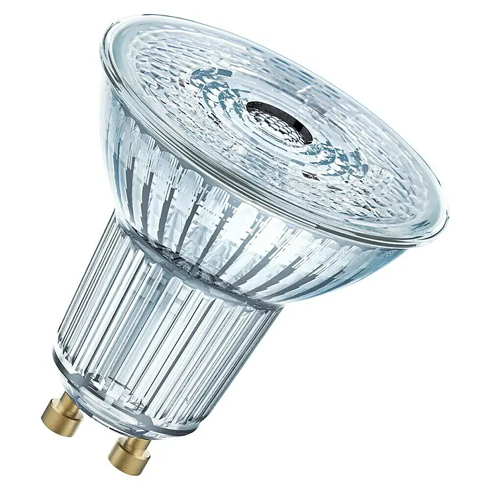 Osram Bombilla LED STAR PAR16 - GU10, No regulable, Blanco frío, 230 lm, 2,6 W - Primer plano de una bombilla halógena MR16 de vidrio transparente, destacando sus detalles y construcción.