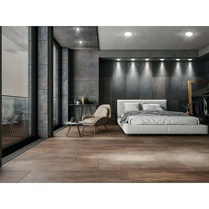 Ledvance Set de focos LED empotrables x 3 - 22 W, Ø x Al: 22,5 cm x 25 mm, Blanco neutro, 4.000 K - Este dormitorio exhibe un moderno marco de cama blanco, una silla y pisos de madera, creando un ambiente elegante.