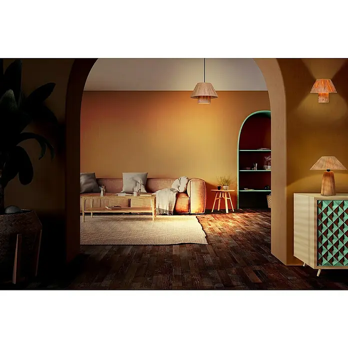 Ledvance Lámpara colgante redonda Hut - 6 W, Ø x Al: 28 x 120 cm, Beige, E27 - Salón con pantalla de lámpara de tejido y apliques a juego para un ambiente cálido y acogedor.