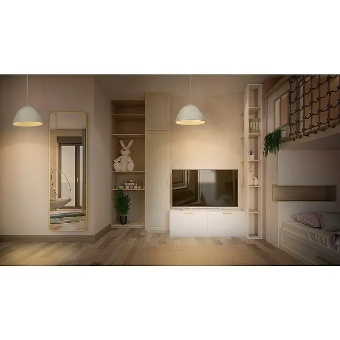 Ledvance Lámpara colgante redonda Camel Bell - 40 W, Ø x Al: 37,5 x 169 cm, Blanco, E27 - Una habitación infantil luminosa con un espejo grande, un mueble de TV y una cama acogedora. Las lámparas colgantes proporcionan luz cálida.