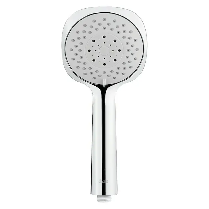 Roca Teleducha Sensum - Número de funciones: 4 ud., Cromo - Primer plano de un cabezal de ducha Roca cromado con cabezal redondo y mango estriado para una fácil instalación en el baño.
