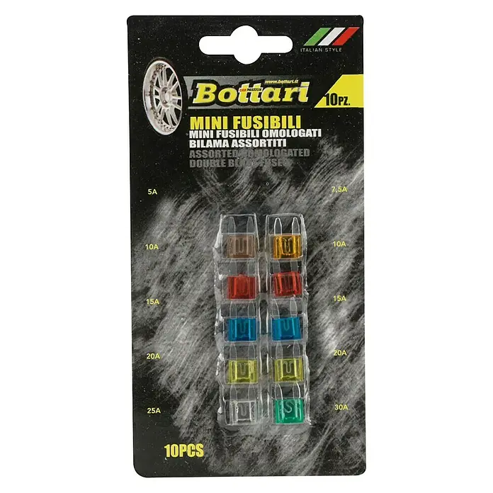 Fusible de clavija plana Mini - 10 ud. - Un paquete de mini fusibles Bottari, 10 piezas, surtidos, con una gama de amperajes.