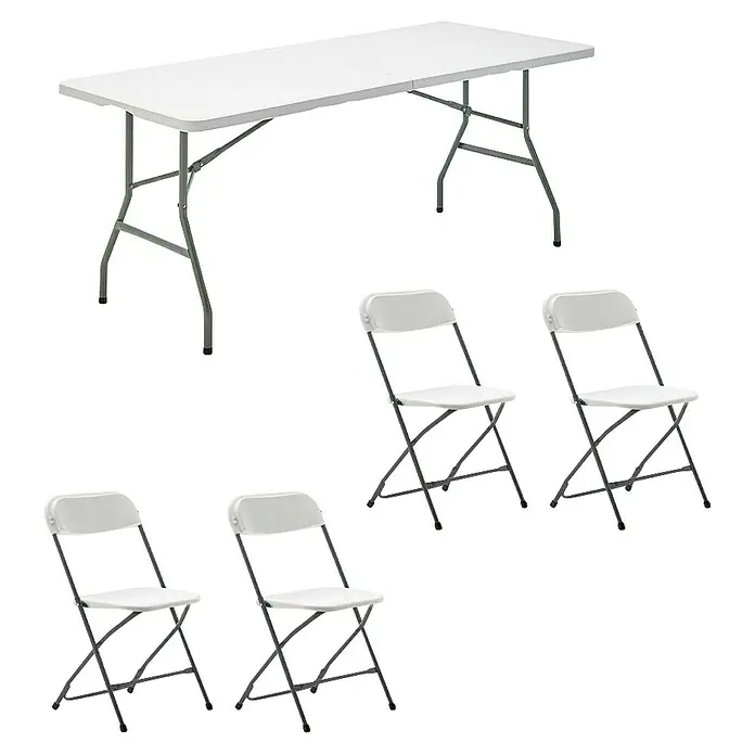 Set de muebles de jardín Every - 5 pzs., HDPE/Acero, Blanco - Imagen de una mesa plegable blanca con cuatro sillas plegables a juego, ideal para eventos y fiestas.