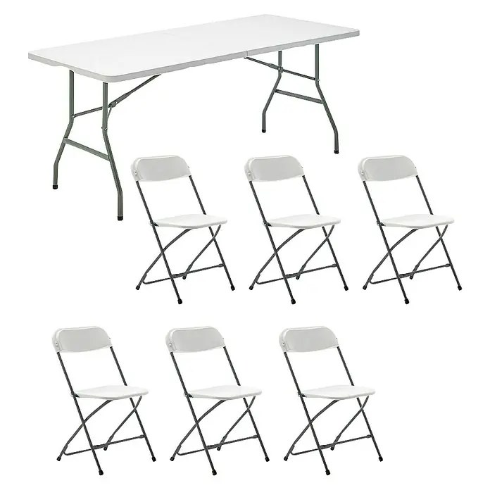 Set de muebles de jardín Every - 7 pzs., HDPE/Acero, Blanco - Mesa plegable con seis sillas plegables a juego. Perfecto para eventos, fiestas y reuniones interiores y exteriores.