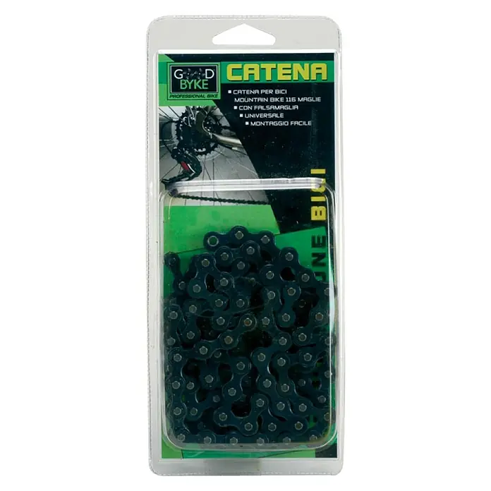 Cadena de bicicleta - Número de eslabones: 116 ud., Apto para: Bicicletas de montaña - Una cadena de bicicleta GOD BYKE en un embalaje transparente. Ideal para bicicletas de montaña, con 116 eslabones y un eslabón rápido para una fácil instalación.