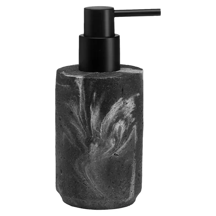 Versa Dispensador de jabón Baikal - L x An x Al: 7 x 7 x 175 cm, Plástico, Negro - Elegante dispensador de jabón de piedra gris con un elegante cabezal dispensador negro para baño o cocina.