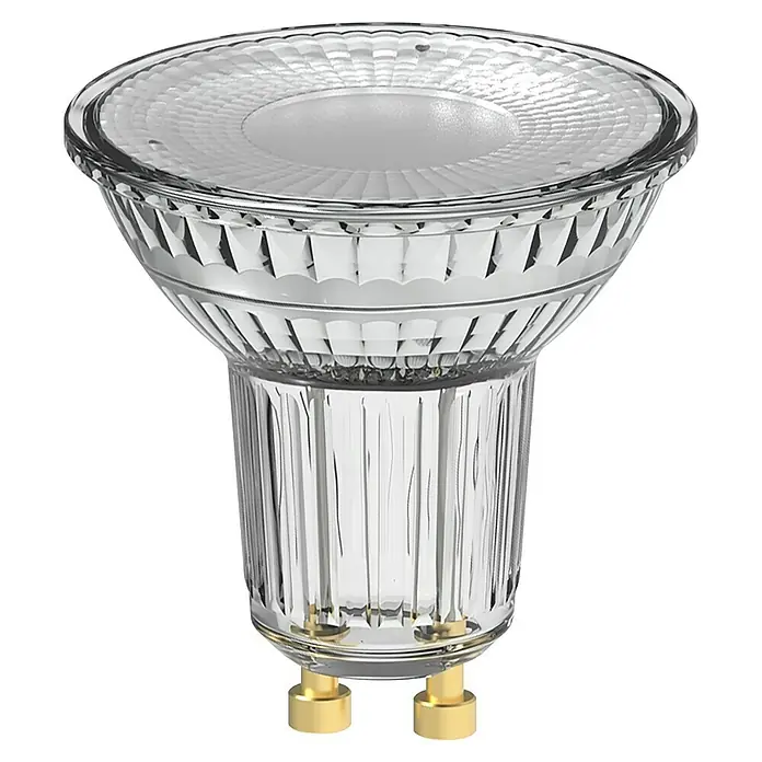 Osram Bombilla LED SuperStar PAR16 - GU10, Intensidad regulable, Blanco neutro, 650 lm, 7,9 W - Primer plano de una bombilla LED MR16 transparente con pines chapados en oro, destacando el diseño intrincado y la construcción de alta calidad.