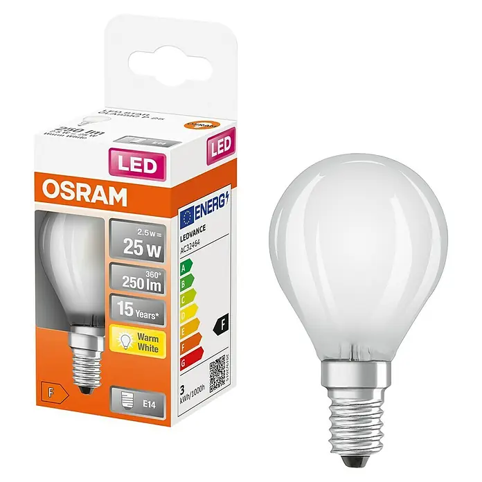 Osram Bombilla LED Star classic - E14, No regulable, Blanco cálido, 250 lm, 2,8 W - Lámpara LED Osram con rosca E14, potencia de 25W y luz blanca cálida para un ambiente acogedor.