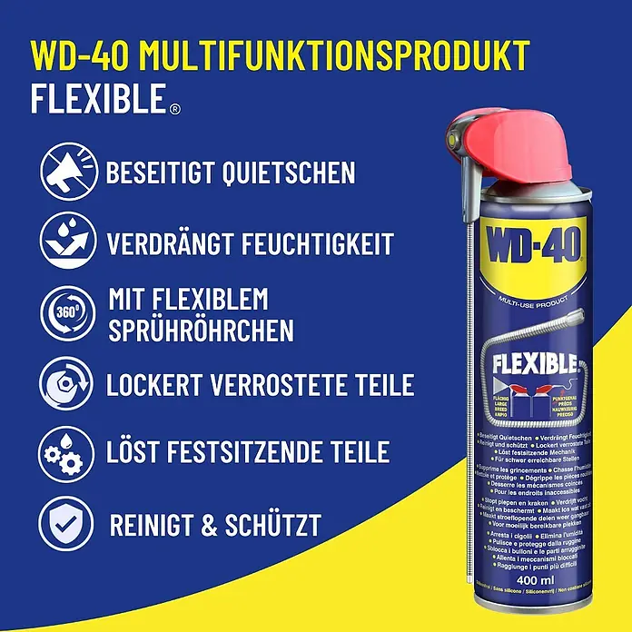 WD-40 Multiöl Flexible - 400 ml - WD-40 Multifunktionsprodukt Flexible: Beseitigt Quietschen, verdrängt Feuchtigkeit, lockert verrostete Teile, reinigt und schützt.