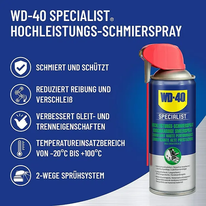 WD-40 Specialist PTFE-Schmiermittel Hochleistungsspray Smart Straw - 300 ml - WD-40 Specialist Hochleistungs-Schmierspray für verbesserte Schmierung und Schutz vor Verschleiß, ideal für Temperaturen von -20°C bis +100°C.