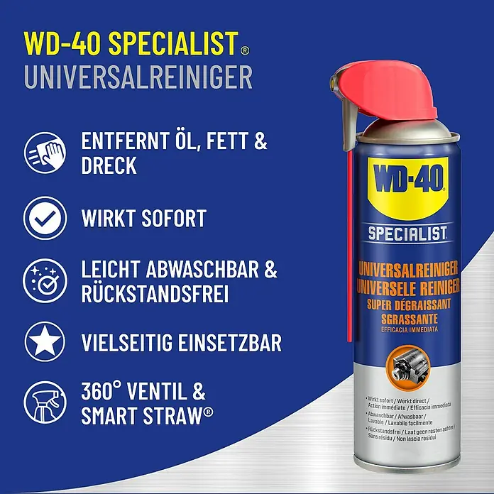 WD-40 Specialist Universalreiniger Smart Straw - 250 ml - Abbildung einer Dose WD-40 Specialist Universalreiniger. Entfernt Öl, Fett und Schmutz, wirkt sofort und ist vielseitig einsetzbar.