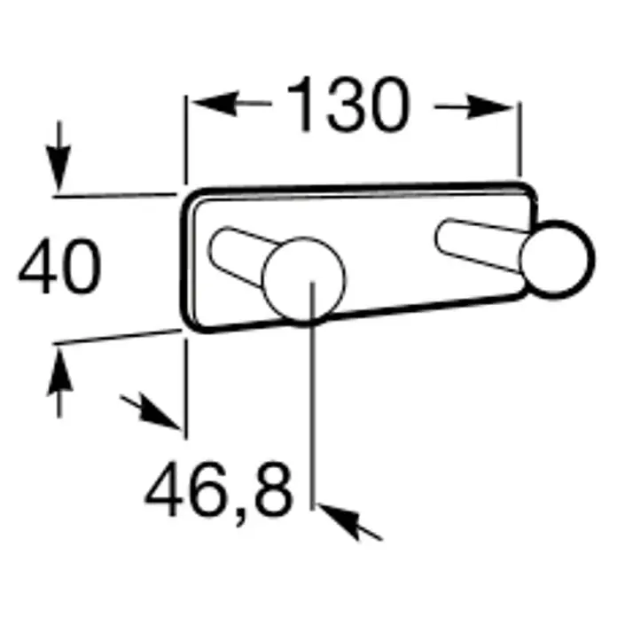 Roca Victoria Perchero - 4,68 x 13 x 4 cm, Carga soportada: 5 kg, Metal, Cromo - Dibujo técnico de una barra de ganchos de pared de 130 x 40 x 46,8 mm, ideal para baños y vestidores.