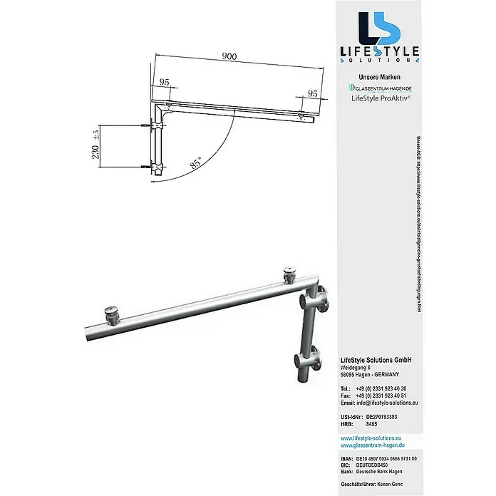Glaszentrum Hagen Vordach - Silber - Abbildung einer LifeStyle Solutions ProAktiv® Haltestange mit Maßangaben, ideal für barrierefreie Badezimmergestaltung.