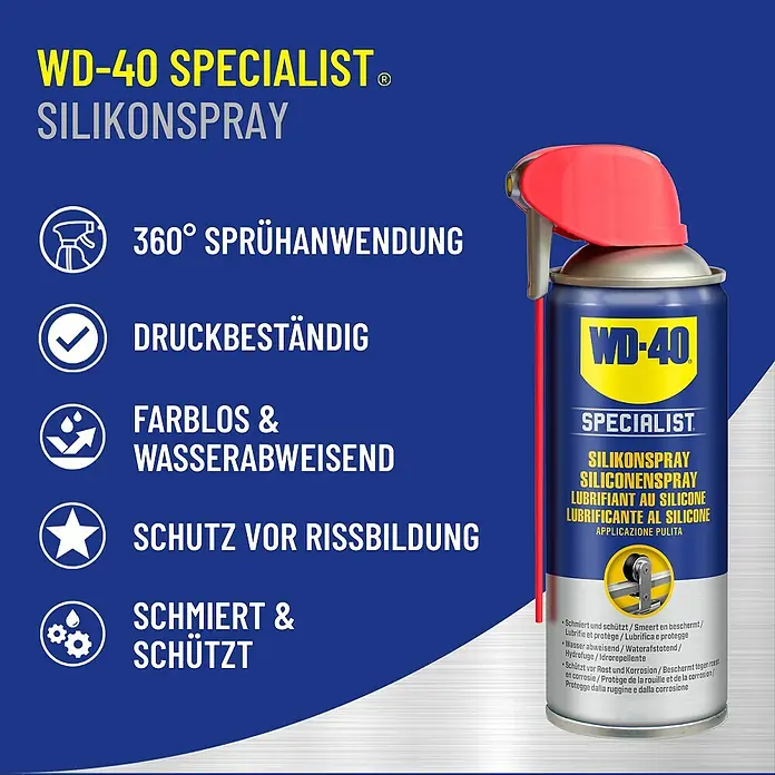 WD-40 Specialist Silikonspray Smart Straw - 300 ml - WD-40 Specialist Silikonspray in blauer Sprühdose mit rotem Sprühkopf. Schmiert, schützt und ist wasserabweisend.