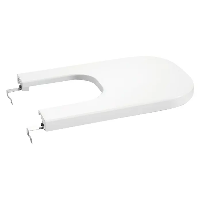 Roca The Gap Tapa de bidé - Plástico, Blanco - Un asiento de inodoro blanco en forma de U con accesorios de montaje metálicos sobre una superficie blanca.