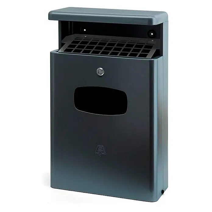 Proregal Asche-Mülleimer mit Bedachung für den Außenbreich - 16 l, Aluminium, Anthrazit - Ein grauer, verschließbarer Außenaschenbecher mit Gittereinsatz und Einwurföffnung, ideal für öffentliche Bereiche.