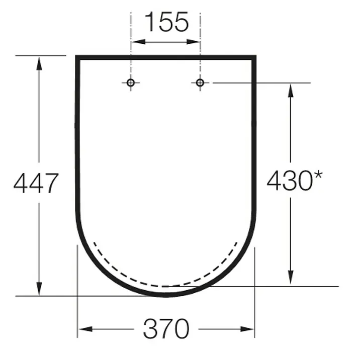 Roca Access Tapa de WC - Termoplástico, Blanco - Dibujo técnico de un asiento de inodoro con dimensiones 447 x 370 mm y una distancia entre orificios de 155 mm.