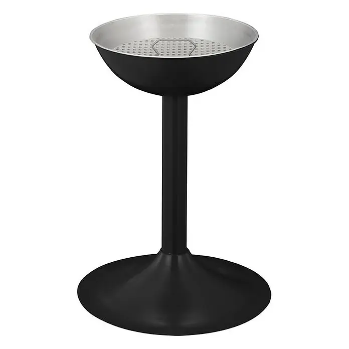Proregal Asche-Mülleimer Elegant aus Metall mit Einsatz & Sieb - Metall, Schwarz - Ein minimalistischer, schwarzer Pflanzkübel auf einem Sockel, mit einer silberfarbenen Innenschale und einem Gittereinsatz für Pflanzen.