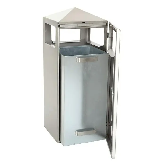 Proregal Asche-Mülleimer Quadratisch aus Edelstahl - 70 l, Edelstahl, Silber - Eine silberfarbene, offene Mülltonne aus Metall mit Deckel und Tür zum Entleeren des Innenbehälters.