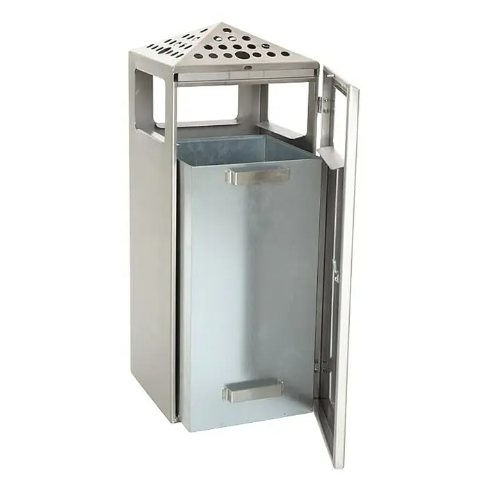 Proregal Asche-Mülleimer Quadratisch aus Edelstahl - 70 l, Edelstahl, Silber - Abfallbehälter aus Metall mit offener Tür und pyramidenförmigem Deckel mit Löchern. Ideal für den Außenbereich.
