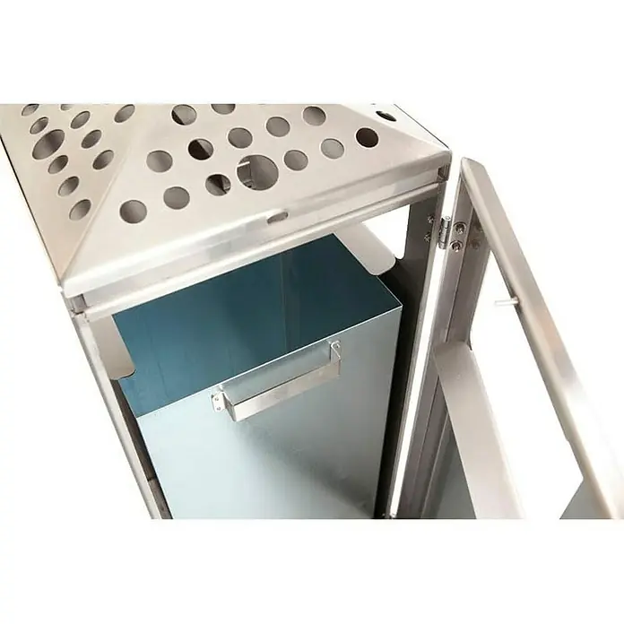 Proregal Asche-Mülleimer Quadratisch aus Edelstahl - 70 l, Edelstahl, Silber - Detailaufnahme eines Edelstahl-Abfallbehälters mit gelochtem Deckel und herausnehmbarem Inneneimer.