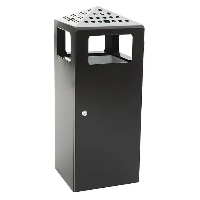 Proregal Asche-Mülleimer Quadratisch aus pulvbeschichtetem Stahl - 70 l, Edelstahl, Schwarz - Bild eines schwarzen, modernen Außenaschenbechers mit quadratischen Öffnungen und einem dreieckigen Deckel mit Löchern für Zigaretten.