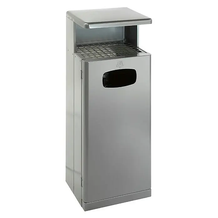 Proregal Asche-Mülleimer Robust mit Dach für den Außenbeich - 55 l, Metall, Grau - Hier ist ein silberner Mülleimer aus Metall mit einem Schlitz zum Einwerfen von Abfall und einer Ablagefläche oben.