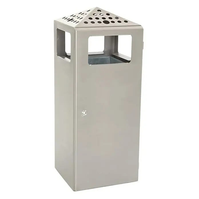 Proregal Asche-Mülleimer Quadratisch aus Edelstahl - 70 l, Edelstahl, Silber - Ein quadratischer, freistehender Aschenbecher aus Edelstahl mit einem pyramidenförmigen Deckel mit Löchern zur Aufnahme von Zigaretten.