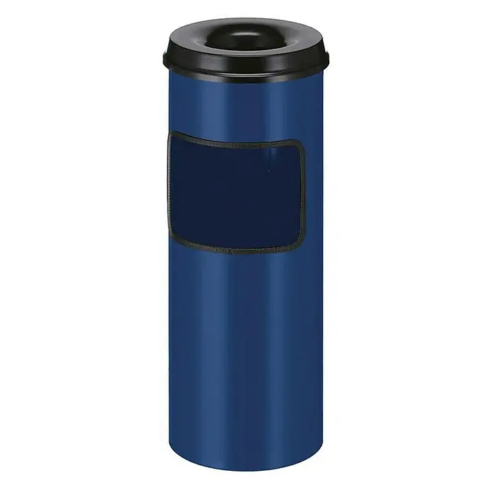 Proregal Asche-Mülleimer Rund mit feulöschendem Oberteil - 30 l, Metall, Blau, Kopfteil Schwarz - Abfallbehälter aus blauem Metall mit schwarzem Deckel und rechteckiger Öffnung für den Innenbereich.