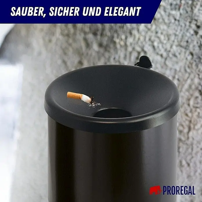 Proregal Asche-Mülleimer Rund feulöschend Wandaschenbecher - 2 l, Metall, Schwarz mit schwarzem Deckel - Schwarzer Standaschenbecher aus Metall, der Sauberkeit und Eleganz vereint, mit Zigarettenstummel.\n