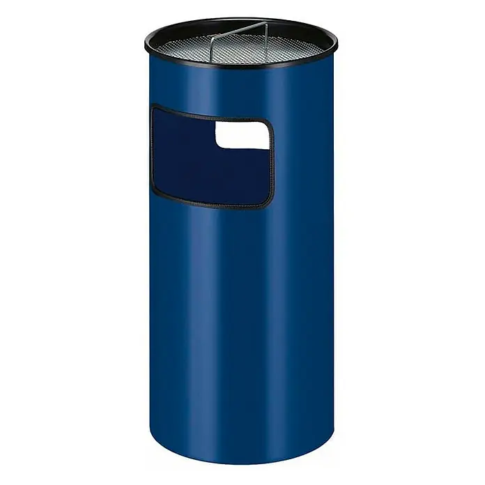 Proregal Asche-Mülleimer Rund feufest inkl. Löschsand & Sieb - 50 l, Metall, Blau - Ein blauer, zylindrischer Aschenbecher mit einem schwarzen Rand und einem silbernen Einsatz. Er hat eine rechteckige Öffnung an der Seite.