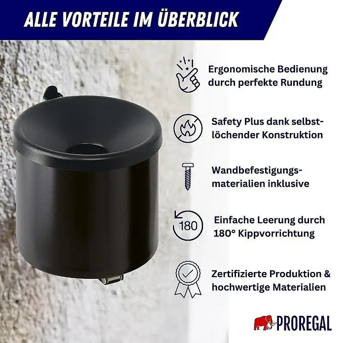 Proregal Asche-Mülleimer Rund feulöschend Wandaschenbecher - 2 l, Metall, Schwarz mit schwarzem Deckel - Wand-Aschenbecher mit ergonomischer Bedienung, Sicherheitsplus, inklusivem Befestigungsmaterial und einfacher Leerung.