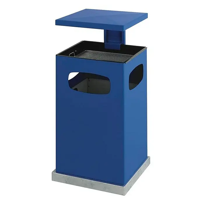 Proregal Asche-Mülleimer Metall mit abnehmbarem Dach - 80 l, Metall, Blau - Blaue Mülltonne mit quadratischer Form, seitlichen Öffnungen und einem Deckel für den Außenbereich.