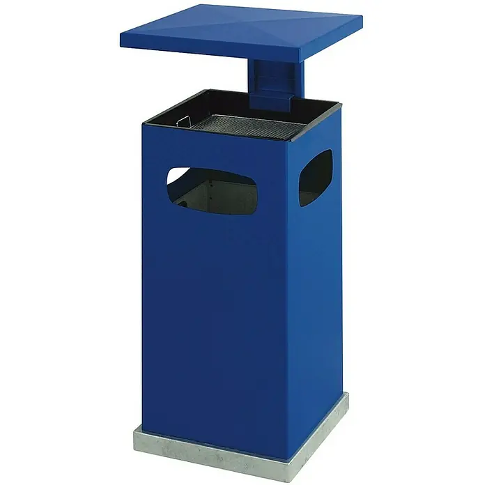 Proregal Asche-Mülleimer Metall mit abnehmbarem Dach - 70 l, Metall, Blau - Blauer Mülleimer mit Aschenbecher. Der Abfallbehälter verfügt über eine quadratische Bauform, eine Aschenbechereinheit und seitliche Öffnungen.