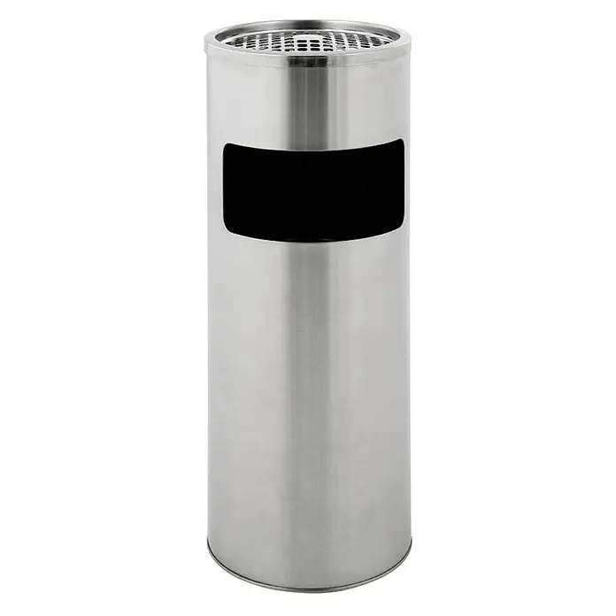 Proregal Asche-Mülleimer Rund - 12,5 l, Edelstahl, Edelstahl / Silber - Silberner runder Aschenbecher mit offenem Einwurf und Gitter oben für den Außenbereich.