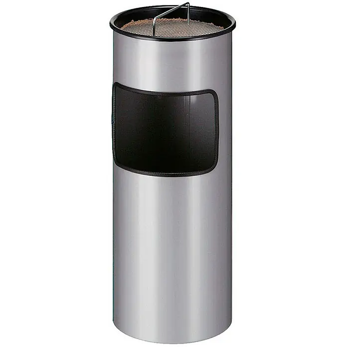 Proregal Asche-Mülleimer Rund feufest inkl. Löschsand & Sieb - 30 l, Metall, Silber - Ein silberfarbener Standaschenbecher mit schwarzem Einsatz und Drahtgitter. Ideal für den Außenbereich zur sauberen Entsorgung von Zigaretten.