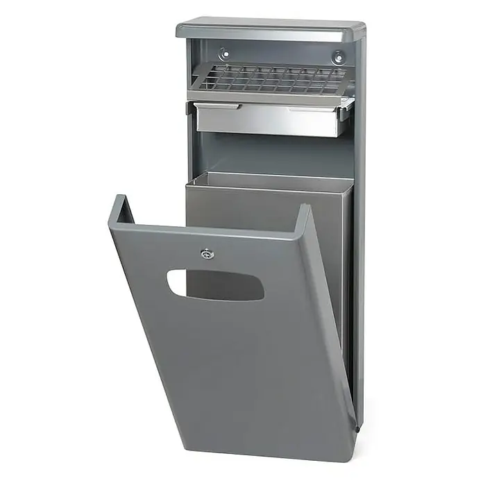 Proregal Asche-Mülleimer mit Bedachung für den Außenbreich - 32 l, Aluminium, Grau - Wandmontierter Aschenbecher und Abfallbehälter in Grau. Der Mülleimer verfügt über einen abschließbaren Behälter und ein eingebautes Zigarettenlöschgitter.